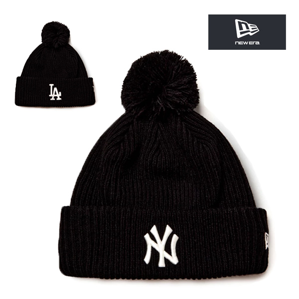 ニューエラ ニット帽 ポンポンリブニット ヤンキース ドジャーズ ny la ブラック 黒 ny la