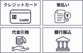 クレジットカード・後払い・代金引換・銀行振込